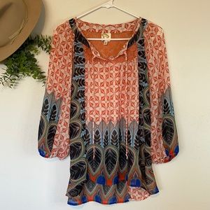 fig & flower-Anthropologie Boho Bright Multicolored Mixed Media Blouse Size Med